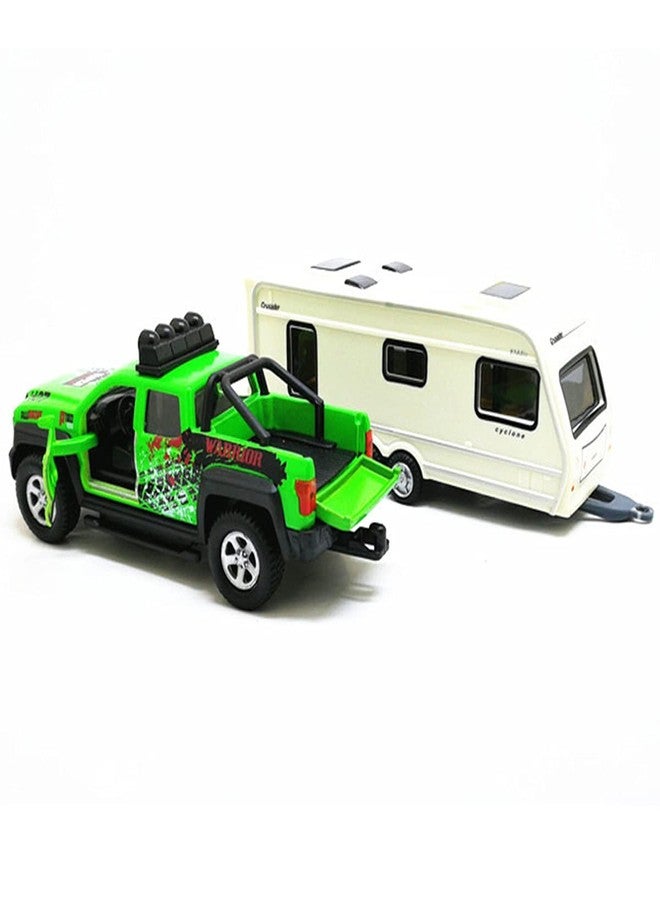 Metanyl Pickup Truck Trailer Towing Toy Camper 2 in 1 Playset RV Motorhome Toys for Boys Diecast Model Car Metal Pull Back Toy Cars 1/36 Scale SUV Doors Open Light Sound Kids Birthday Gifts, Green - Image 3